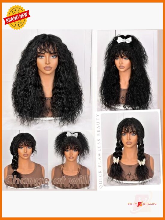 200 Density Long Curly Wig with Bangs 100% Human Hair Glueless main image 4